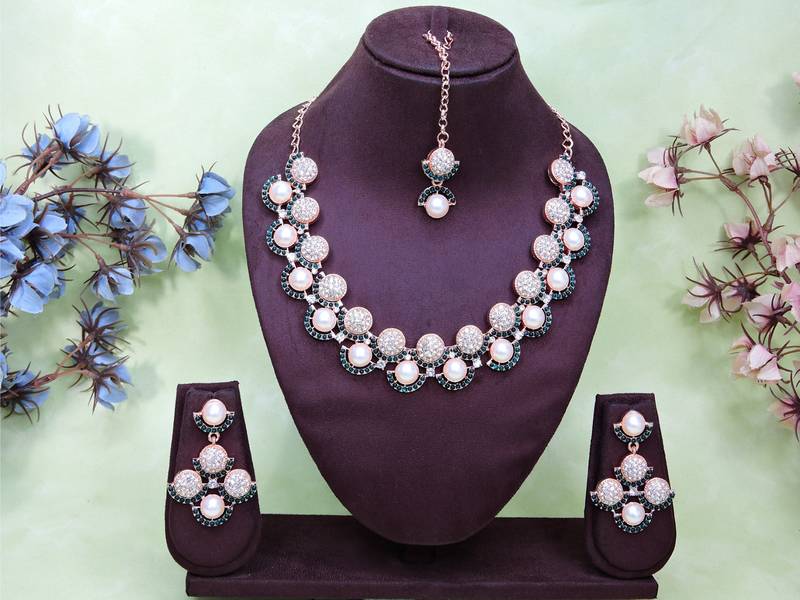 Green rose gold premium designer american diamond and stone work necklace set