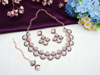 Green rose gold premium designer american diamond and stone work necklace set 2