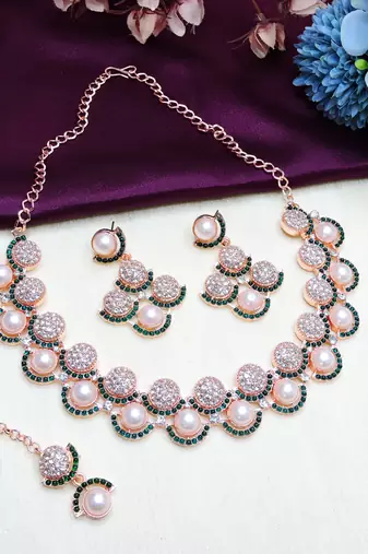 Green rose gold premium designer american diamond and stone work necklace set