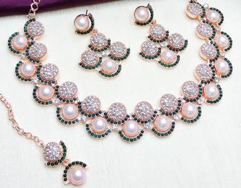 Green rose gold premium designer american diamond and stone work necklace set 3