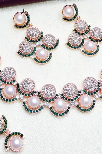 Green rose gold premium designer american diamond and stone work necklace set