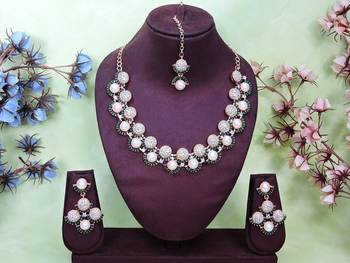 Green rose gold premium designer american diamond and stone work necklace set 1