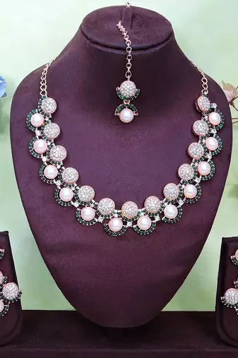 Green rose gold premium designer american diamond and stone work necklace set
