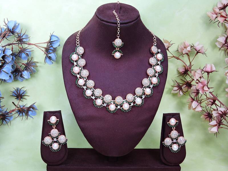 Green rose gold premium designer american diamond and stone work necklace set