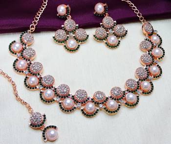 Green rose gold premium designer american diamond and stone work necklace set 2
