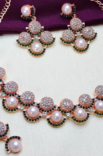 Green rose gold premium designer american diamond and stone work necklace set