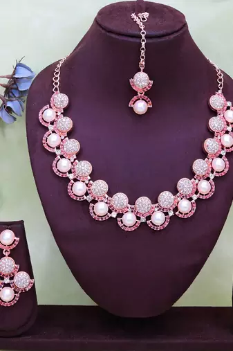 Purple rose gold premium designer american diamond and stone work necklace set
