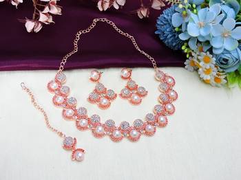 Purple rose gold premium designer american diamond and stone work necklace set 2