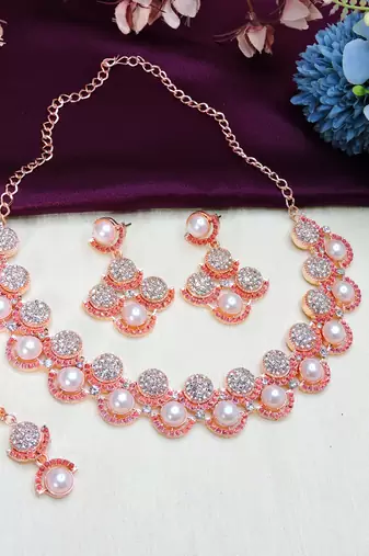 Purple rose gold premium designer american diamond and stone work necklace set