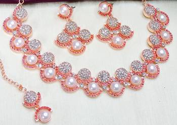 Purple rose gold premium designer american diamond and stone work necklace set 3