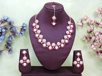 Maroon rose gold premium designer american diamond and stone work necklace set 1