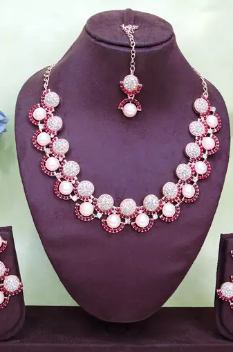 Maroon rose gold premium designer american diamond and stone work necklace set