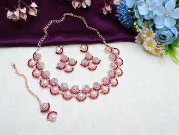 Maroon rose gold premium designer american diamond and stone work necklace set 2
