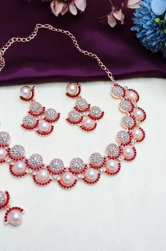 Maroon rose gold premium designer american diamond and stone work necklace set