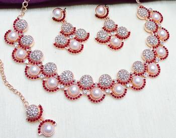 Maroon rose gold premium designer american diamond and stone work necklace set 3