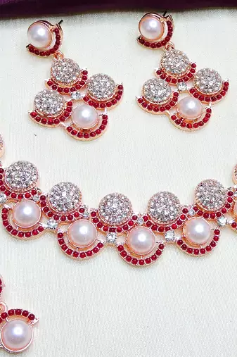 Maroon rose gold premium designer american diamond and stone work necklace set