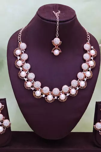 Green rose gold premium designer american diamond and stone work necklace set