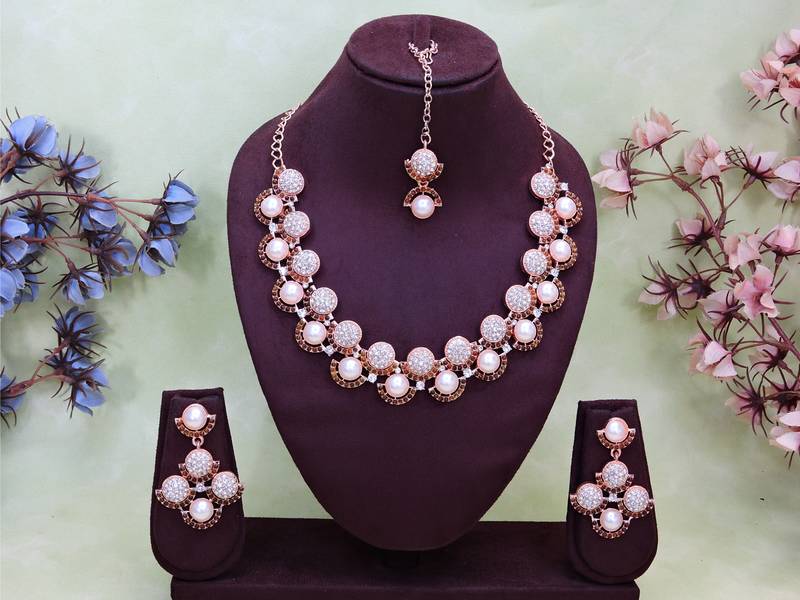 Green rose gold premium designer american diamond and stone work necklace set