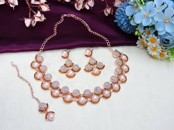 Green rose gold premium designer american diamond and stone work necklace set 2