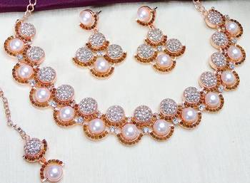 Green rose gold premium designer american diamond and stone work necklace set 3