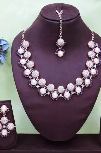 Blue rose gold premium designer american diamond and stone work necklace set