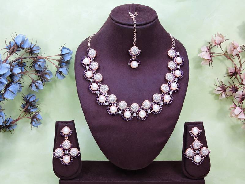 Blue rose gold premium designer american diamond and stone work necklace set