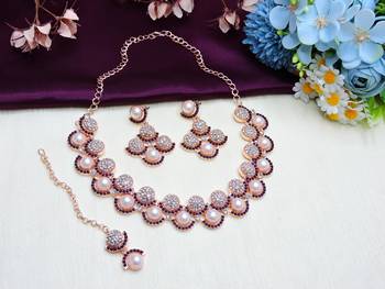Blue rose gold premium designer american diamond and stone work necklace set 2