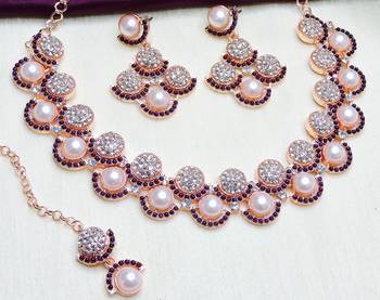 Blue rose gold premium designer american diamond and stone work necklace set 3