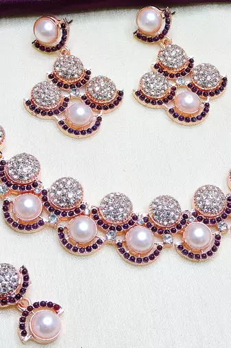 Blue rose gold premium designer american diamond and stone work necklace set