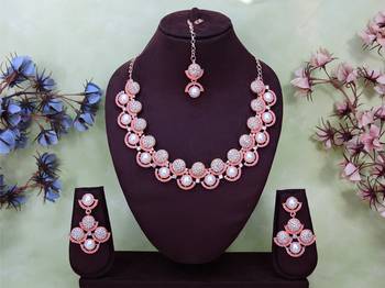 Pink rose gold premium designer american diamond and stone work necklace set 1
