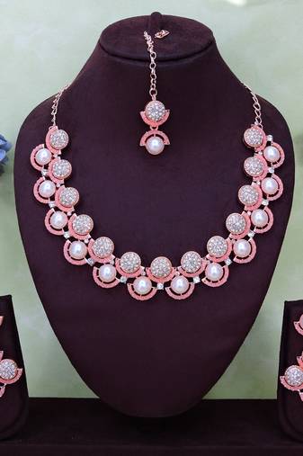 Pink rose gold premium designer american diamond and stone work necklace set