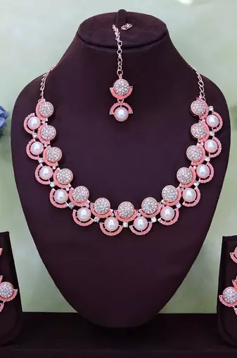 Pink rose gold premium designer american diamond and stone work necklace set
