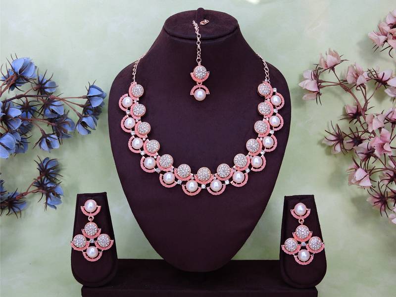 Pink rose gold premium designer american diamond and stone work necklace set