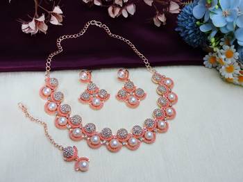 Pink rose gold premium designer american diamond and stone work necklace set 2