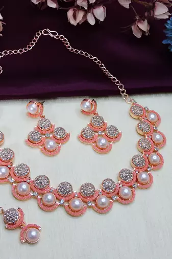 Pink rose gold premium designer american diamond and stone work necklace set
