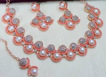 Pink rose gold premium designer american diamond and stone work necklace set 3