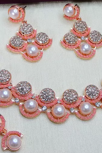Pink rose gold premium designer american diamond and stone work necklace set