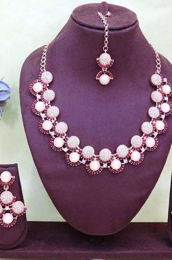 Purple rose gold premium designer american diamond and stone work necklace set