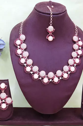 Purple rose gold premium designer american diamond and stone work necklace set