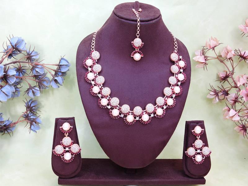 Purple rose gold premium designer american diamond and stone work necklace set
