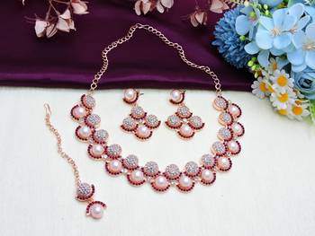 Purple rose gold premium designer american diamond and stone work necklace set 2