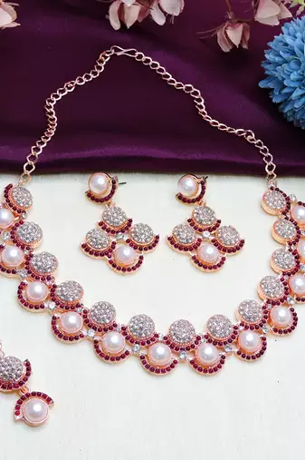 Purple rose gold premium designer american diamond and stone work necklace set