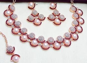 Purple rose gold premium designer american diamond and stone work necklace set 3