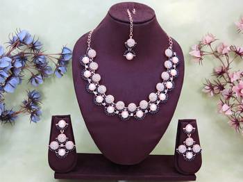 Blue rose gold premium designer american diamond and stone work necklace set 1