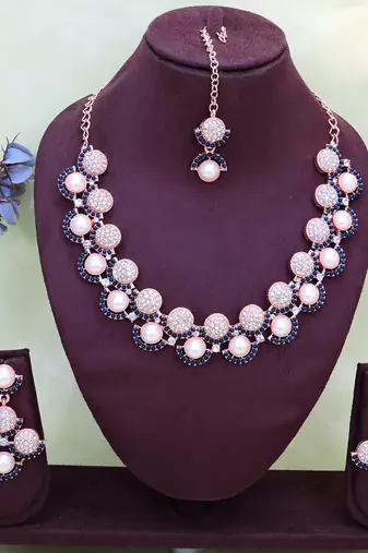 Blue rose gold premium designer american diamond and stone work necklace set