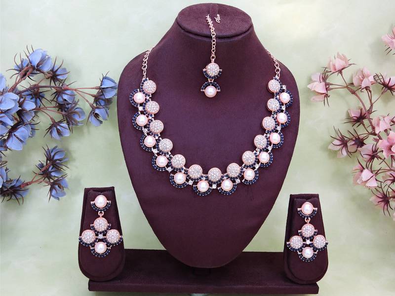 Blue rose gold premium designer american diamond and stone work necklace set