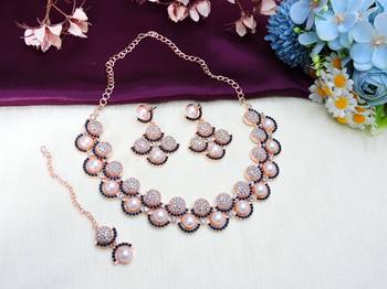 Blue rose gold premium designer american diamond and stone work necklace set 2