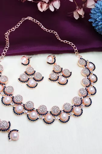 Blue rose gold premium designer american diamond and stone work necklace set