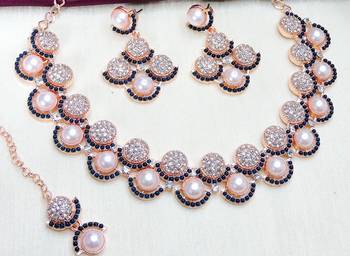 Blue rose gold premium designer american diamond and stone work necklace set 3