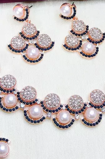 Blue rose gold premium designer american diamond and stone work necklace set